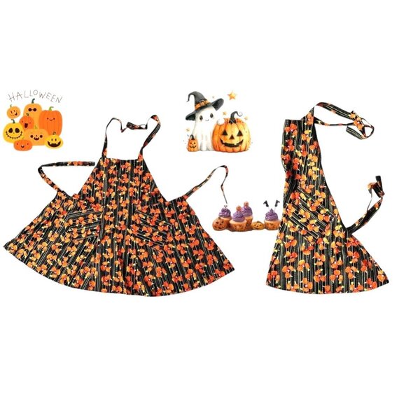 Vintage Handmade Halloween Apron Jack O Lanterns Pockets Baking Trick Treat New - Picture 5 of 12